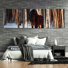 Load image into Gallery viewer, horse  forest  canvas  wall  art  horse  white  snow  trees  3  piece  canvas  print  brown  horse  runs  in  winter  multi  canvas  artwork For Bedroom
