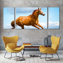 Load image into Gallery viewer, horse  gallop  canvas  wall  art  brown  horse  runs  across  field  3  piece  canvas  print  blue  sky  horse  in  air  triptych  canvas  set In Living Room
