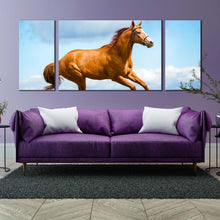 Load image into Gallery viewer, horse  gallop  canvas  wall  art  brown  horse  runs  across  field  3  piece  canvas  print  blue  sky  horse  in  air  triptych  canvas  set For Living Room
