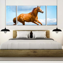 Load image into Gallery viewer, horse  gallop  canvas  wall  art  brown  horse  runs  across  field  3  piece  canvas  print  blue  sky  horse  in  air  triptych  canvas  set For Bedroom
