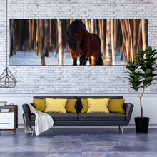 Load image into Gallery viewer, horse  gallop  canvas  wall  art  brown  horse  runs  in  winter  1  piece  canvas  artwork  horse  white  snow  trees  canvas  print In Living Room
