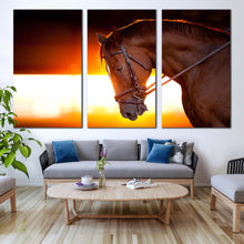 Load image into Gallery viewer, horse head canvas wall art brown horse multiple canvas horse at yellow orange sunset 3 piece canvas print In Living room
