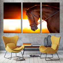 Load image into Gallery viewer, horse head canvas wall art brown horse multiple canvas horse at yellow orange sunset 3 piece canvas print For Living Room
