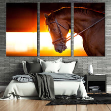 Load image into Gallery viewer, horse head canvas wall art brown horse multiple canvas horse at yellow orange sunset 3 piece canvas print For Bedroom
