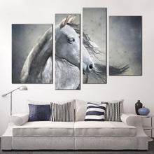 Load image into Gallery viewer, horse portrait canvas print horse closeup 4 piece canvas wall art white grey horse canvas set in living room
