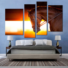 Load image into Gallery viewer, horse portrait canvas wall art brown horse closeup 4 piece multi canvas artwork beautiful horse at orange sunset canvas print in bedroom
