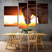 Load image into Gallery viewer, horse portrait canvas wall art brown horse closeup 4 piece multi canvas artwork beautiful horse at orange sunset canvas print for your living room 
