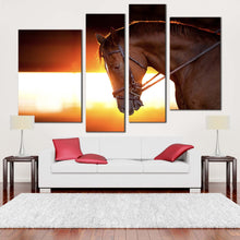 Load image into Gallery viewer, horse portrait canvas wall art brown horse closeup 4 piece multi canvas artwork beautiful horse at orange sunset canvas print
