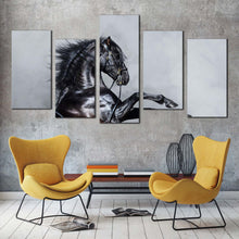 Load image into Gallery viewer, horse rearing canvas wall art classic stallion multi canvas artwork grey shiny horse 5 piece canvas print black elegant horse canvas set For Your Living Room
