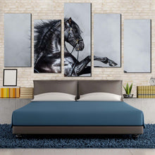 Load image into Gallery viewer, horse rearing canvas wall art classic stallion multi canvas artwork grey shiny horse 5 piece canvas print black elegant horse canvas set For Bedroom

