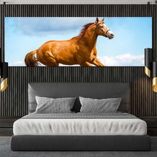 Load image into Gallery viewer, horse  runs  canvas  print  brown  horse  in  air  1  piece  canvas  wall  art  blue  sky  horse  gallop  wide  canvas For Bedroom
