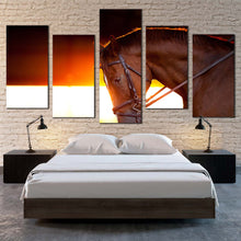 Load image into Gallery viewer, horse side canvas wall art horse close up at yellow sunset 5 piece canvas print brown horse portrait canvas set For Your Bedroom
