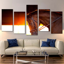 Load image into Gallery viewer, horse side canvas wall art horse close up at yellow sunset 5 piece canvas print brown horse portrait canvas set In Living Room
