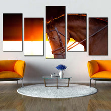 Load image into Gallery viewer, horse side canvas wall art horse close up at yellow sunset 5 piece canvas print brown horse portrait canvas set For Living Room
