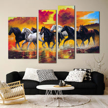 Load image into Gallery viewer, horses beach canvas wall art white black horses in water 4 piece canvas print orange horses digital painting canvas set for living room

