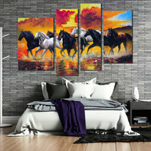 Load image into Gallery viewer, horses beach canvas wall art white black horses in water 4 piece canvas print orange horses digital painting canvas set for your bedroom

