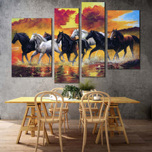 Load image into Gallery viewer, horses beach canvas wall art white black horses in water 4 piece canvas print orange horses digital painting canvas set
