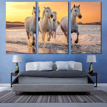 Load image into Gallery viewer, horses beach canvas wall art white horses sea 3 piece multiple canvas horses yellow sunset sky triptych canvas print For Bedroom
