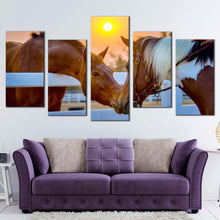 Load image into Gallery viewer, horses couple canvas wall art brown white horse in field 5 piece multiple canvas two horses friendship canvas wall art For Your Living Room
