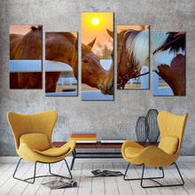 Load image into Gallery viewer, horses couple canvas wall art brown white horse in field 5 piece multiple canvas two horses friendship canvas wall art In Living Room
