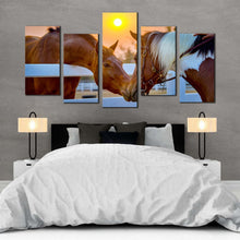 Load image into Gallery viewer, horses couple canvas wall art brown white horse in field 5 piece multiple canvas two horses friendship canvas wall art For Bedroom
