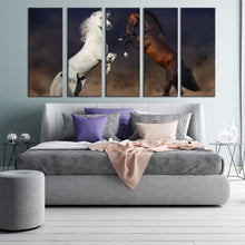 Load image into Gallery viewer, horses desert canvas wall art white brown horses rearing 5 piece canvas print two horse fight multiple canvas In Bedroom
