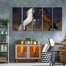 Load image into Gallery viewer, horses desert canvas wall art white brown horses rearing 5 piece canvas print two horse fight multiple canvas
