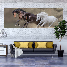 Load image into Gallery viewer, horses  dust  canvas  print  brown  white  black  horses  1  piece  canvas  wall  art  horses  dust  wide  canvas In Living Room
