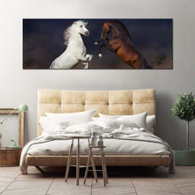 Load image into Gallery viewer, horses  dust  canvas  print  two  horses  rearing  1  piece  canvas  wall  art  white  brown  horses  wide  canvas For Bedroom
