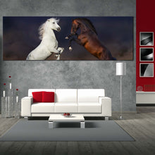 Load image into Gallery viewer, horses  dust  canvas  print  two  horses  rearing  1  piece  canvas  wall  art  white  brown  horses  wide  canvas For Living Room
