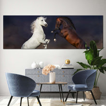 Load image into Gallery viewer, horses  dust  canvas  print  two  horses  rearing  1  piece  canvas  wall  art  white  brown  horses  wide  canvas In Living Room
