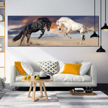 Load image into Gallery viewer, horses  fight  canvas  wall  art  black  white  horses  rearing  panoramic  canvas  print  horses  playing  canvas  artwork For Living Room
