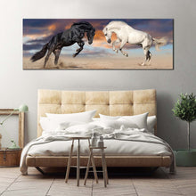Load image into Gallery viewer, horses  fight  canvas  wall  art  black  white  horses  rearing  panoramic  canvas  print  horses  playing  canvas  artwork For Bedroom
