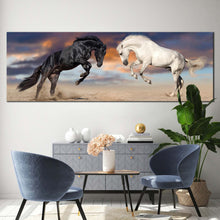 Load image into Gallery viewer, horses  fight  canvas  wall  art  black  white  horses  rearing  panoramic  canvas  print  horses  playing  canvas  artwork In Living Room
