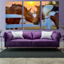 Load image into Gallery viewer, horses firm canvas print brown horses romance 3 piece canvas wall art horses in yellow sunset canvas artwork In Living Room
