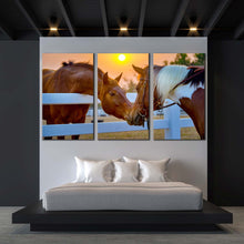 Load image into Gallery viewer, horses firm canvas print brown horses romance 3 piece canvas wall art horses in yellow sunset canvas artwork For Bedroom
