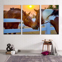 Load image into Gallery viewer, horses firm canvas print brown horses romance 3 piece canvas wall art horses in yellow sunset canvas artwork
