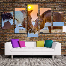 Load image into Gallery viewer, horses friendship canvas wall art horse in yellow sunrise nature canvas print brown white horses in love 5 piece multi canvas artwork For Your Living Room
