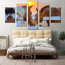 Load image into Gallery viewer, horses friendship canvas wall art horse in yellow sunrise nature canvas print brown white horses in love 5 piece multi canvas artwork In Bedroom
