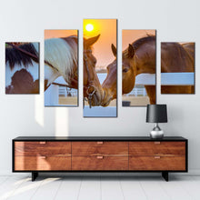 Load image into Gallery viewer, horses friendship canvas wall art horse in yellow sunrise nature canvas print brown white horses in love 5 piece multi canvas artwork
