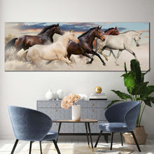 Load image into Gallery viewer, horses  galloping  canvas  wall  art  five  running  horses  canvas  print  herd  of  brown  white  horses  1  piece  canvas  artwork In Living Room
