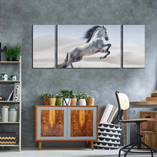 Load image into Gallery viewer, horses  galloping  canvas  wall  art  grey  horse  in  air  3  piece  canvas  print  white  horse  in  white  dust  triptych  multi  canvas  artwork
