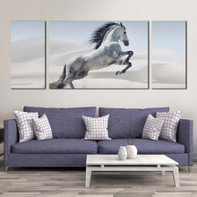 Load image into Gallery viewer, horses  galloping  canvas  wall  art  grey  horse  in  air  3  piece  canvas  print  white  horse  in  white  dust  triptych  multi  canvas  artwork For Living Room
