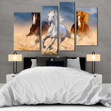 Load image into Gallery viewer, horses galloping canvas wall art group of horses in desert canvas print herd of black brown horses 4 piece multi canvas in bedroom
