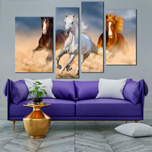 Load image into Gallery viewer, horses galloping canvas wall art group of horses in desert canvas print herd of black brown horses 4 piece multi canvas for living room
