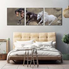 Load image into Gallery viewer, horses  galloping  canvas  wall  art  three  horses  dust  multiple  canvas  brown  white  black  horses  3  piece  canvas  print For Bedroom
