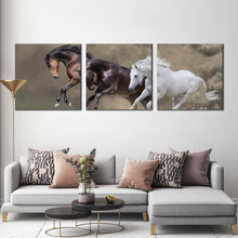 Load image into Gallery viewer, horses  galloping  canvas  wall  art  three  horses  dust  multiple  canvas  brown  white  black  horses  3  piece  canvas  print For Living Room
