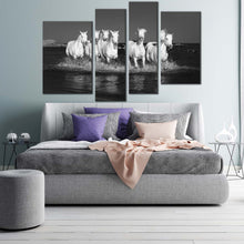 Load image into Gallery viewer, horses galloping canvas wall art white horses herd in water 4 piece multiple canvas grey horses dark background canvas print for bedroom
