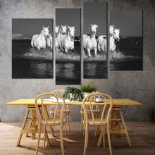 Load image into Gallery viewer, horses galloping canvas wall art white horses herd in water 4 piece multiple canvas grey horses dark background canvas print for your living room 
