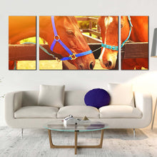 Load image into Gallery viewer, horses  heads  canvas  wall  art  horses  in  orange  sun  3  piece  multi  canvas  brown  horses  in  love  canvas  print In Living Room
